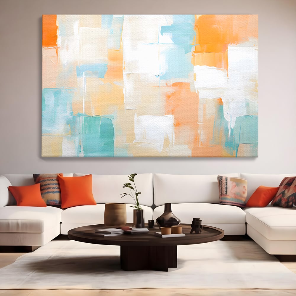 Tablou canvas cu pictura abstracta cu pete colorate, fara rama, pe sasiu de lemn, pe perete intr-un living